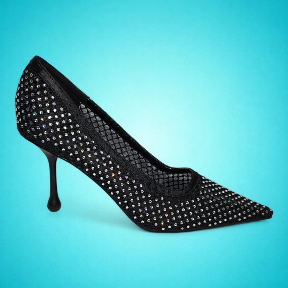 New Women's Sexy Sleek Black Mesh Rhinestone Stiletto High Heels, Size 10